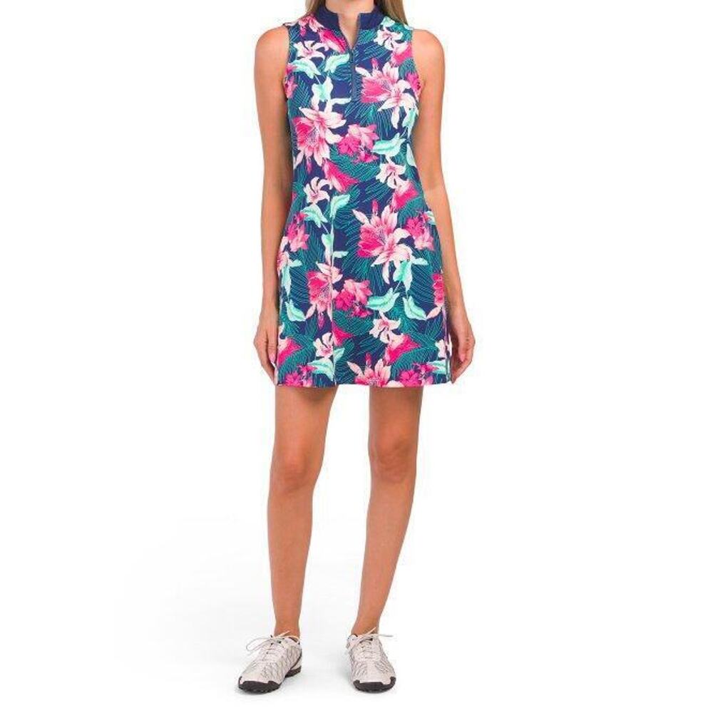 New Tommy Bahama Golf Tennis Dress Floral Print Blue Pink Zip Up Sleeveless Sz S